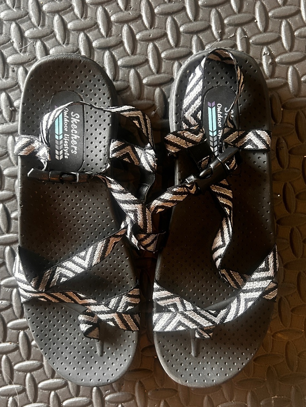 Skechers Black Sandal with Teal and Purple Chevron Accent